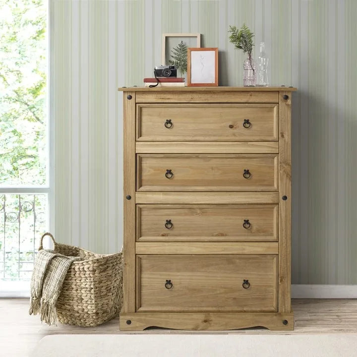 Commode à 4 tiroirs en pin massif, style rustique, finition brun antique/gris lavé/blanc lavé/acajou