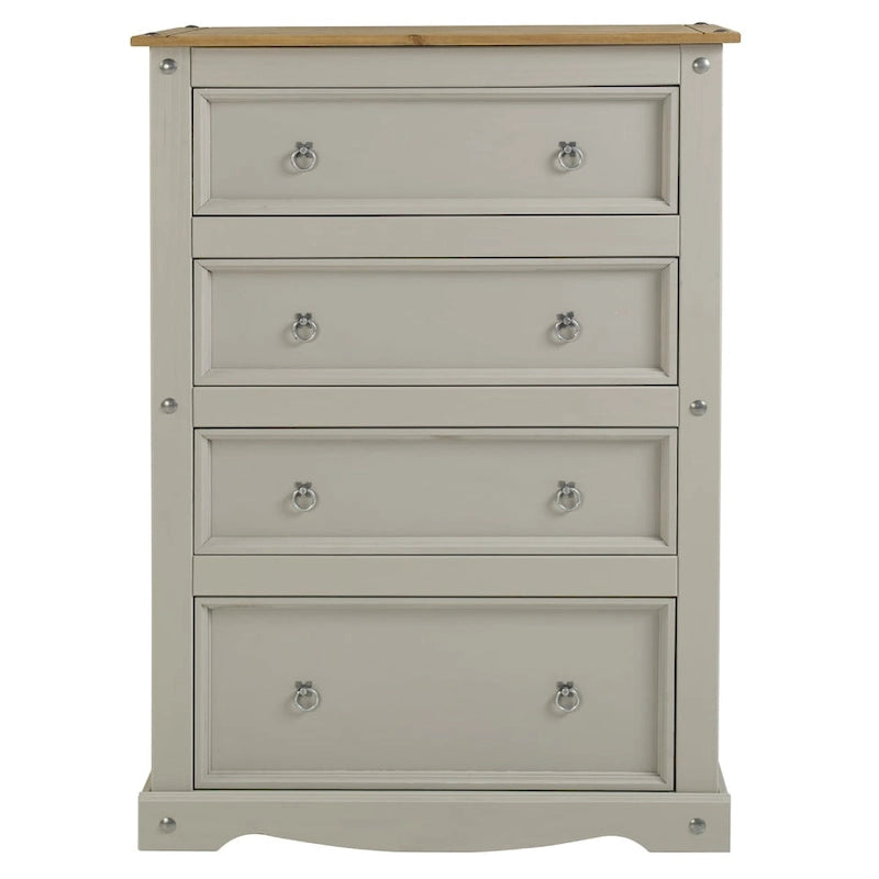 Commode à 4 tiroirs en pin massif, style rustique, finition brun antique/gris lavé/blanc lavé/acajou