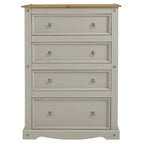 Commode à 4 tiroirs en pin massif, style rustique, finition brun antique/gris lavé/blanc lavé/acajou