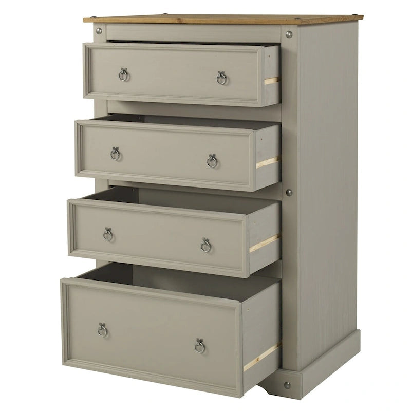 Commode à 4 tiroirs en pin massif, style rustique, finition brun antique/gris lavé/blanc lavé/acajou