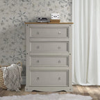 Commode à 4 tiroirs en pin massif, style rustique, finition brun antique/gris lavé/blanc lavé/acajou