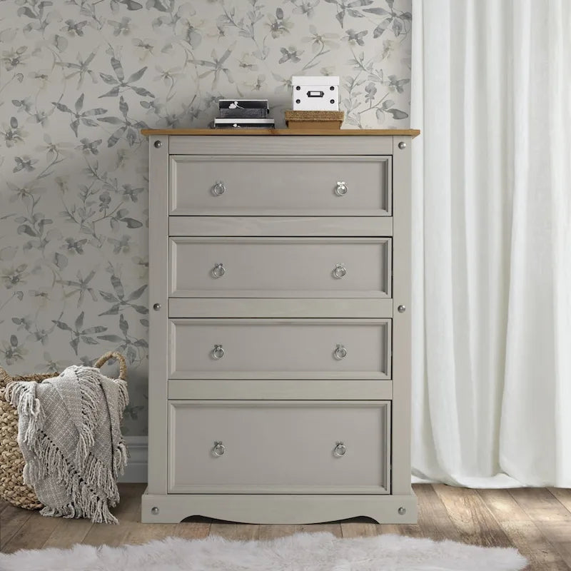 Commode à 4 tiroirs en pin massif, style rustique, finition brun antique/gris lavé/blanc lavé/acajou