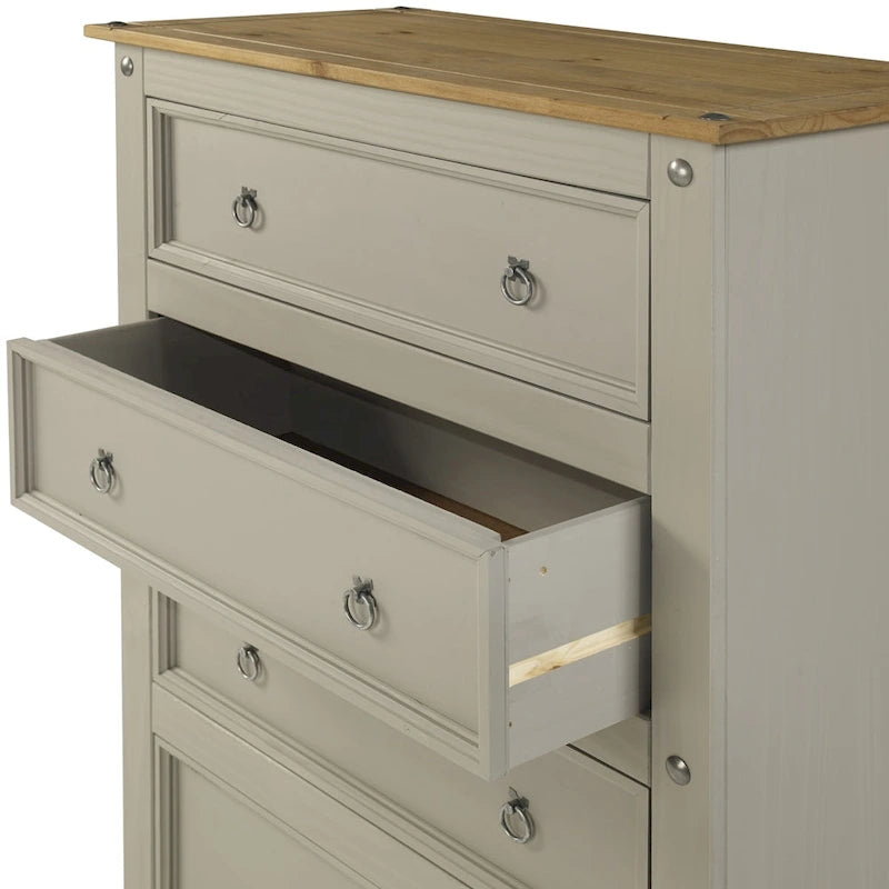 Commode à 4 tiroirs en pin massif, style rustique, finition brun antique/gris lavé/blanc lavé/acajou