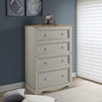 Commode à 4 tiroirs en pin massif, style rustique, finition brun antique/gris lavé/blanc lavé/acajou