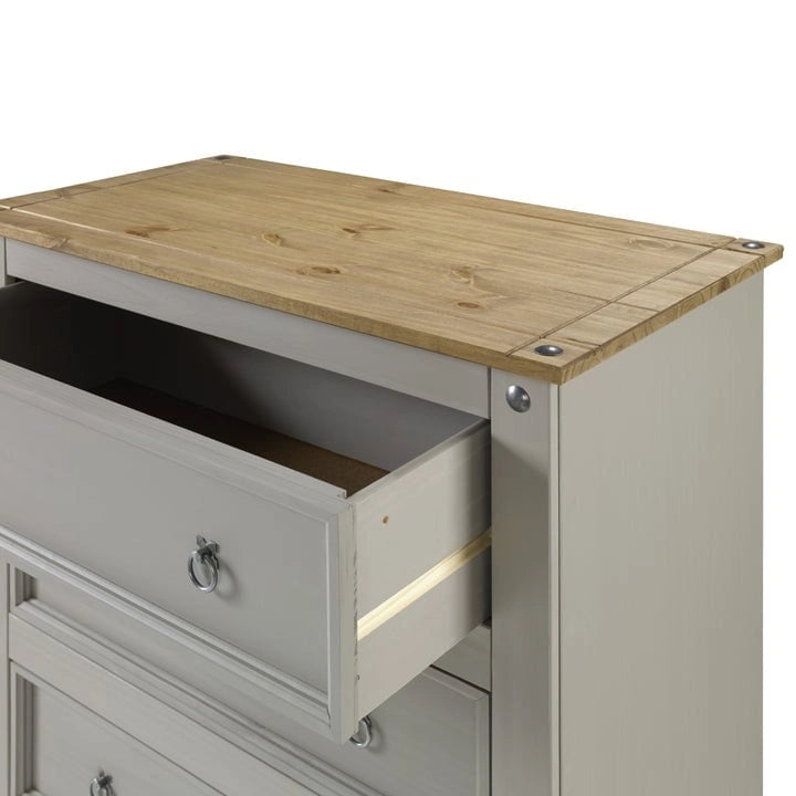 Commode à 4 tiroirs en pin massif, style rustique, finition brun antique/gris lavé/blanc lavé/acajou