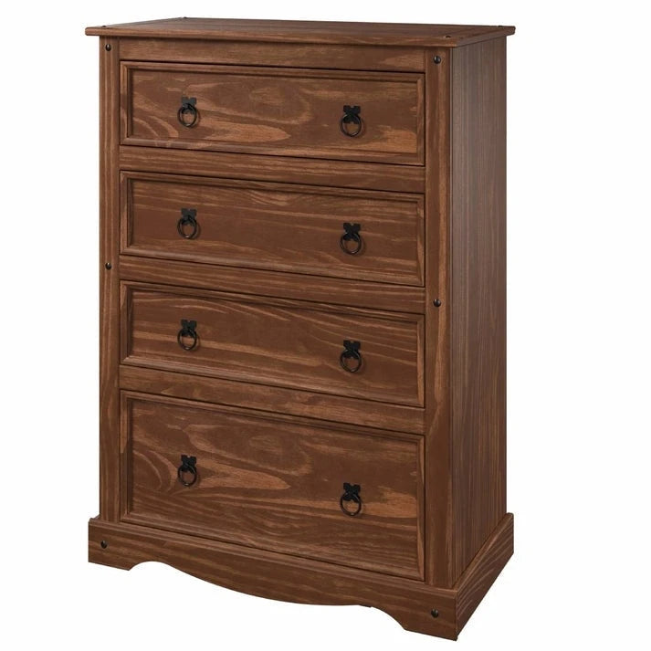 Commode à 4 tiroirs en pin massif, style rustique, finition brun antique/gris lavé/blanc lavé/acajou