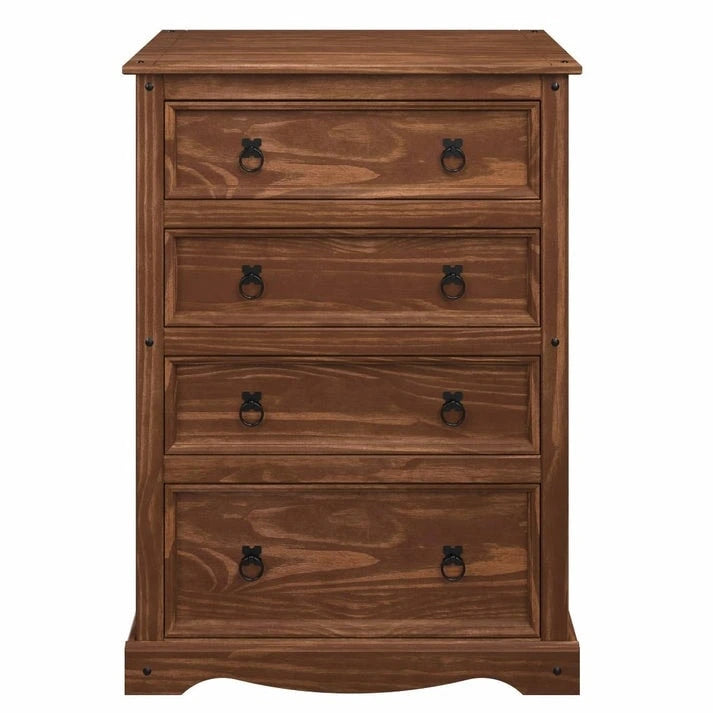 Commode à 4 tiroirs en pin massif, style rustique, finition brun antique/gris lavé/blanc lavé/acajou