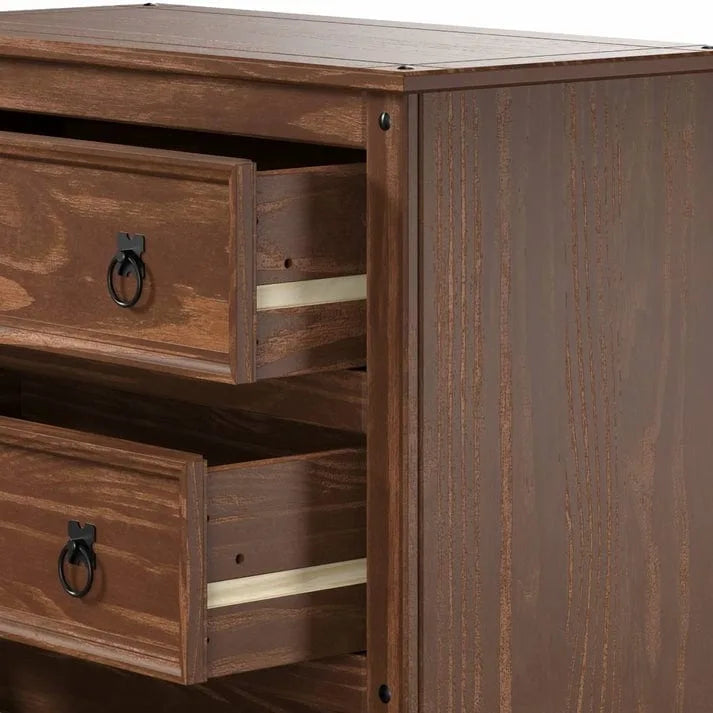 Commode à 4 tiroirs en pin massif, style rustique, finition brun antique/gris lavé/blanc lavé/acajou