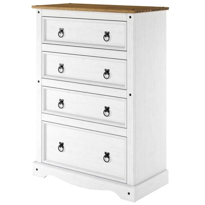 Commode à 4 tiroirs en pin massif, style rustique, finition brun antique/gris lavé/blanc lavé/acajou