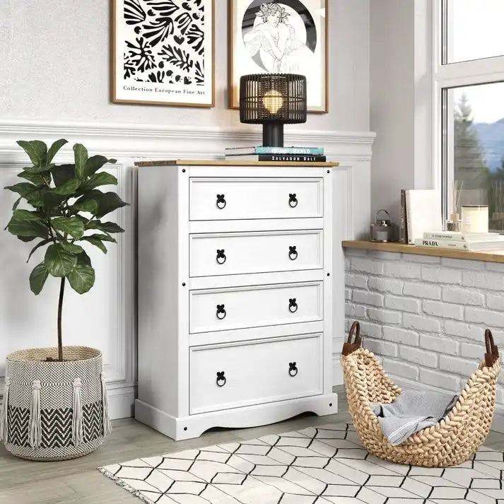 Commode à 4 tiroirs en pin massif, style rustique, finition brun antique/gris lavé/blanc lavé/acajou