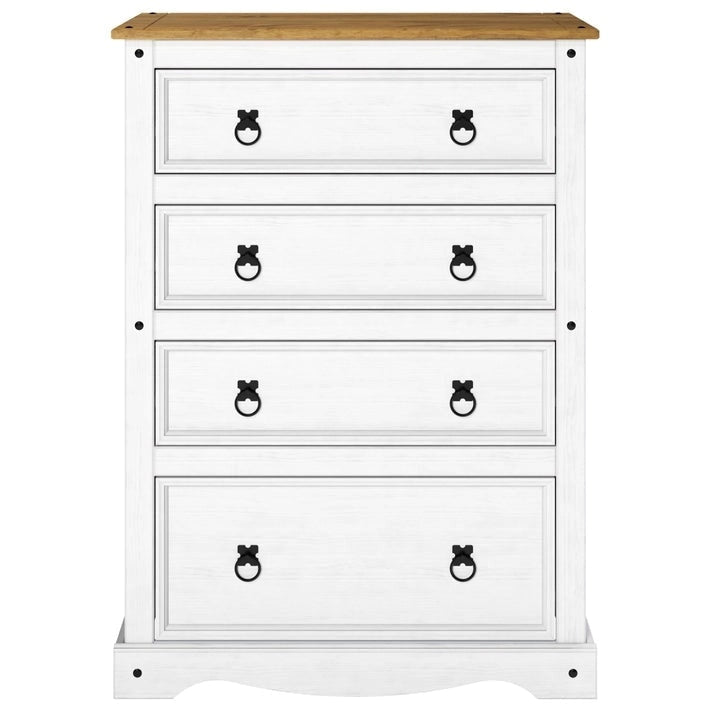 Commode à 4 tiroirs en pin massif, style rustique, finition brun antique/gris lavé/blanc lavé/acajou