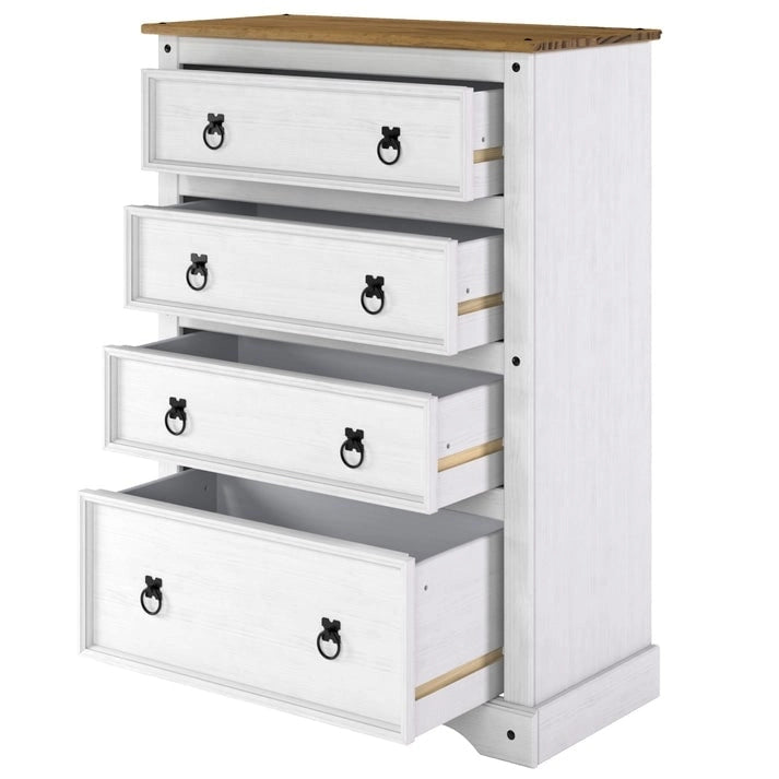 Commode à 4 tiroirs en pin massif, style rustique, finition brun antique/gris lavé/blanc lavé/acajou