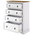Commode à 4 tiroirs en pin massif, style rustique, finition brun antique/gris lavé/blanc lavé/acajou