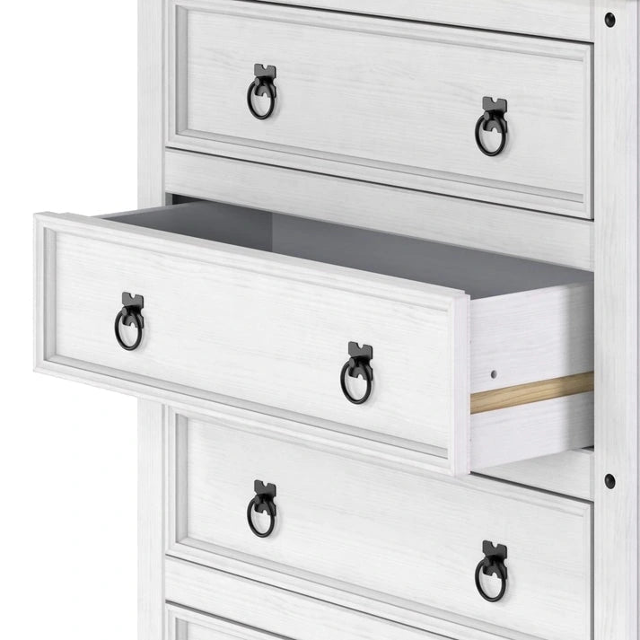 Commode à 4 tiroirs en pin massif, style rustique, finition brun antique/gris lavé/blanc lavé/acajou