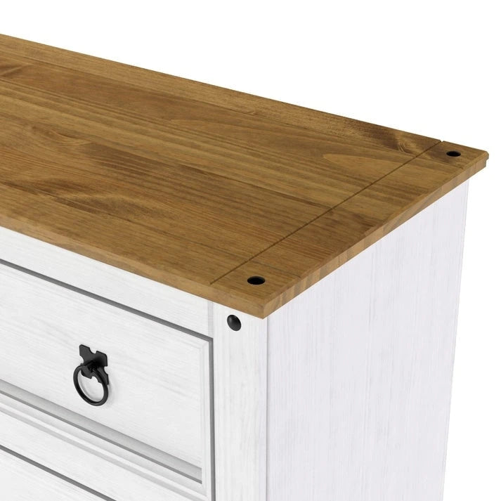 Commode à 4 tiroirs en pin massif, style rustique, finition brun antique/gris lavé/blanc lavé/acajou