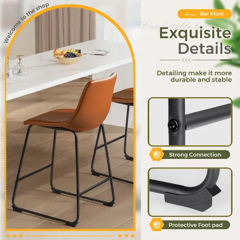 Tabouret de bar en similicuir PU marron avec dossier et repose-pieds, lot de 2