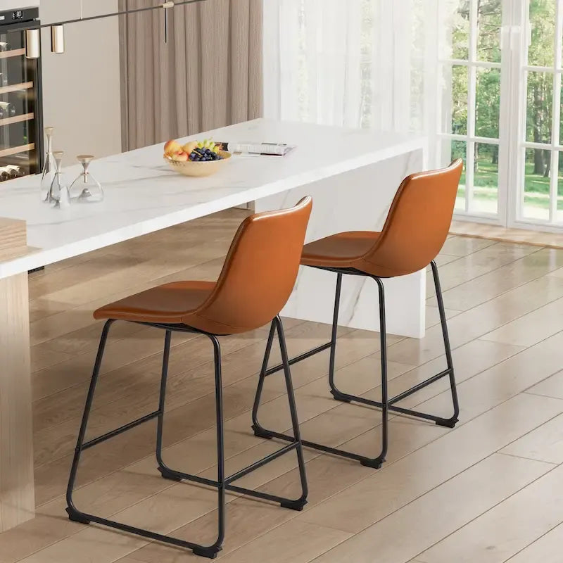Tabouret de bar en similicuir PU marron avec dossier et repose-pieds, lot de 2