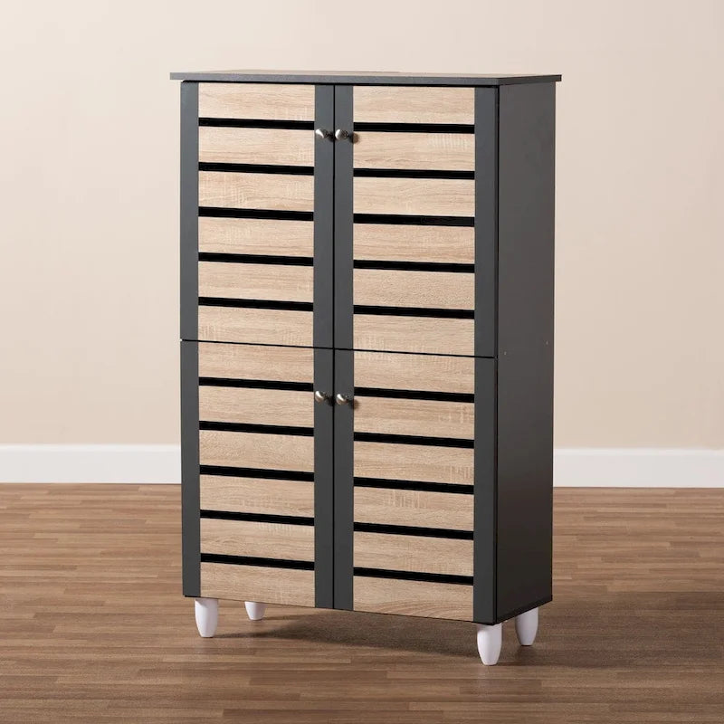 Armoire à chaussures 4 portes, Chêne brun et gris foncé, Contemporaine