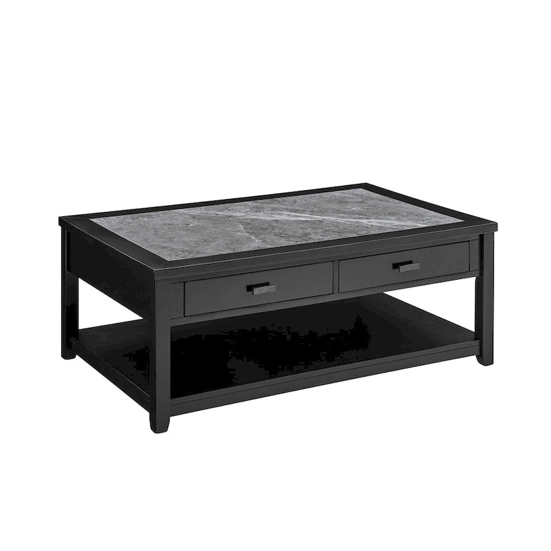 Table basse ébène avec plateau en pierre frittée grise et roulettes, 1 personne