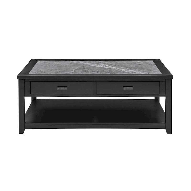 Table basse ébène avec plateau en pierre frittée grise et roulettes, 1 personne