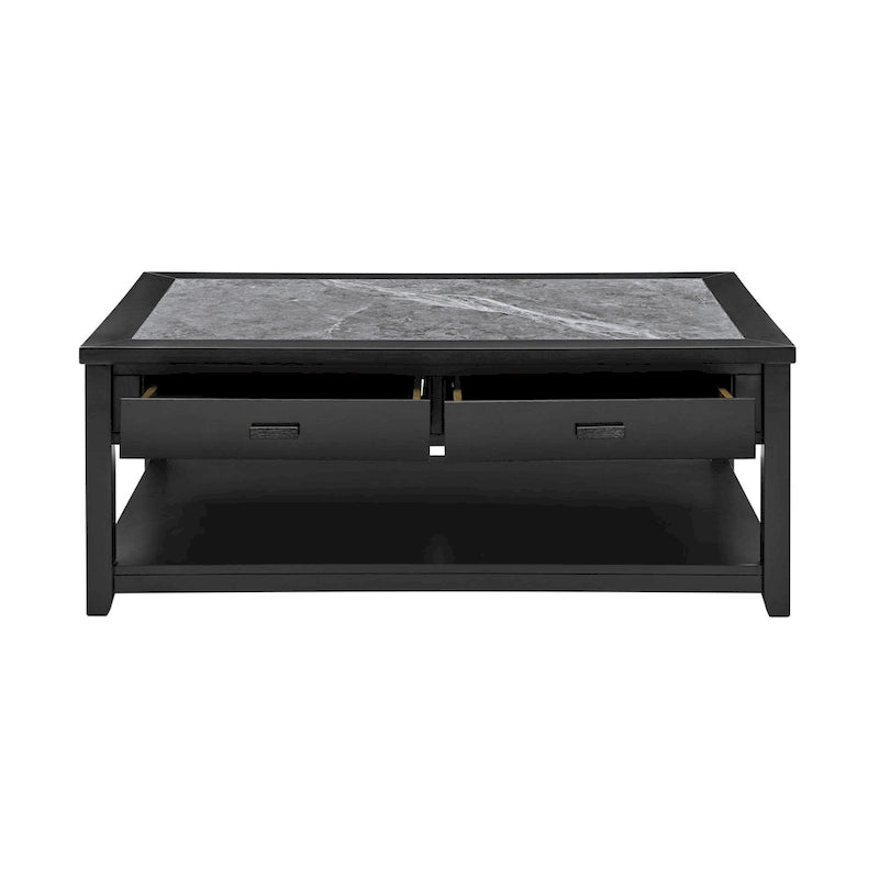 Table basse ébène avec plateau en pierre frittée grise et roulettes, 1 personne