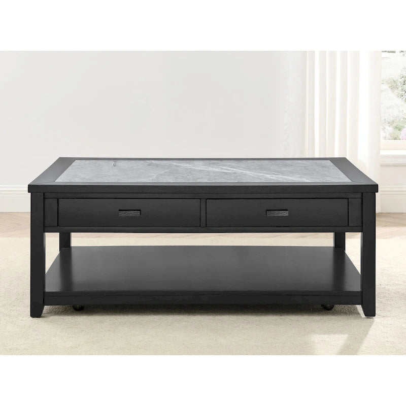 Table basse ébène avec plateau en pierre frittée grise et roulettes, 1 personne