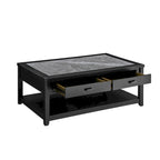 Table basse ébène avec plateau en pierre frittée grise et roulettes, 1 personne