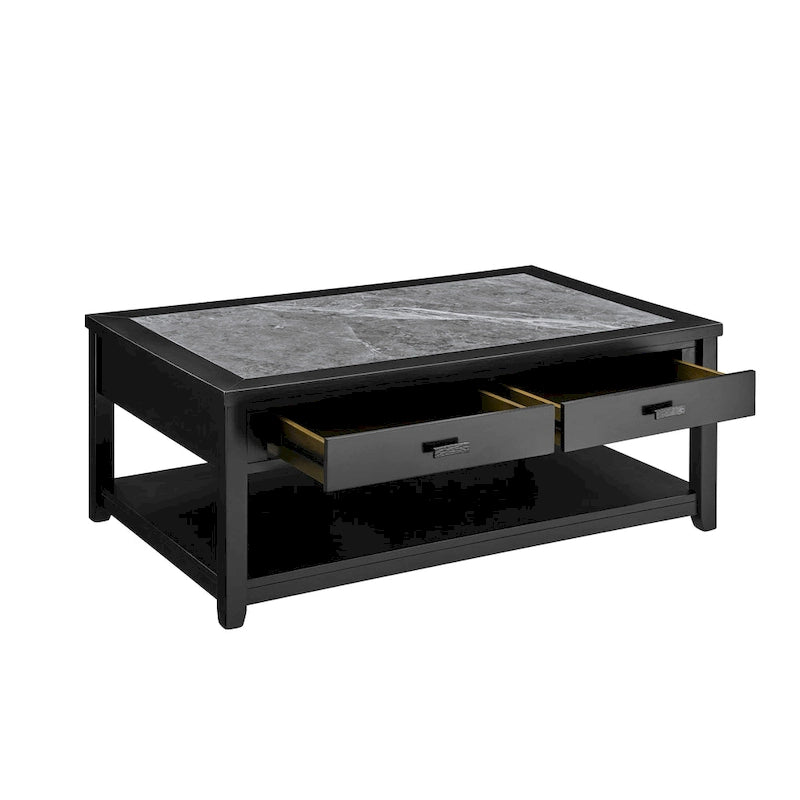 Table basse ébène avec plateau en pierre frittée grise et roulettes, 1 personne