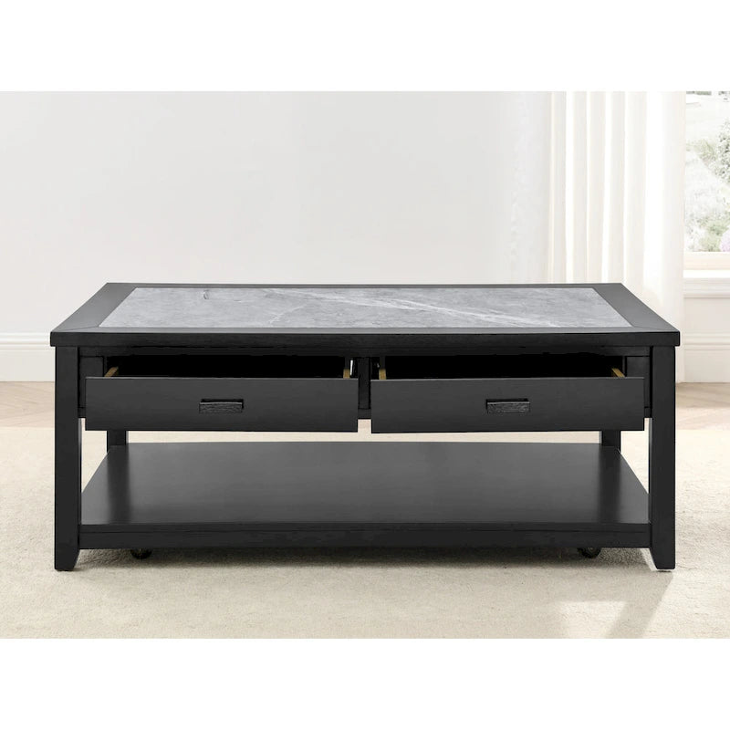 Table basse ébène avec plateau en pierre frittée grise et roulettes, 1 personne