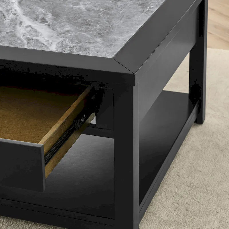 Table basse ébène avec plateau en pierre frittée grise et roulettes, 1 personne