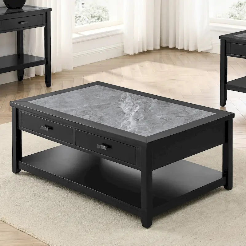 Table basse ébène avec plateau en pierre frittée grise et roulettes, 1 personne
