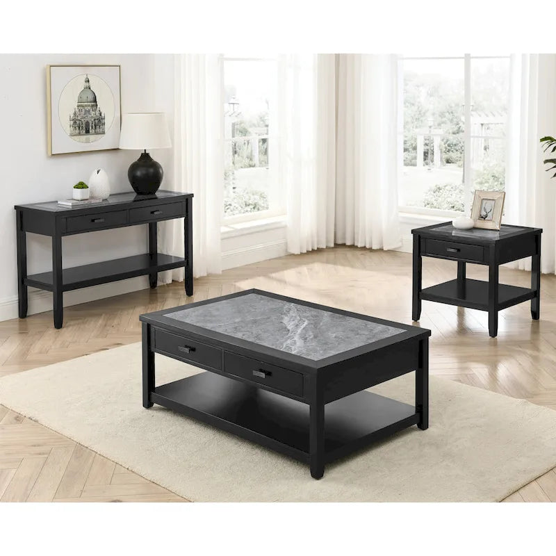 Table basse ébène avec plateau en pierre frittée grise et roulettes, 1 personne