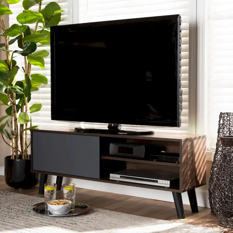 Meuble TV moderne bicolore gris et noyer