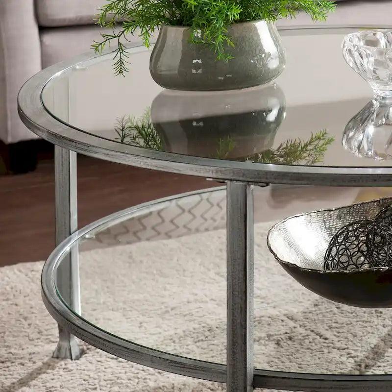 Table basse ronde argentée avec plateau et étagère en verre – Assemblage par 1 personne