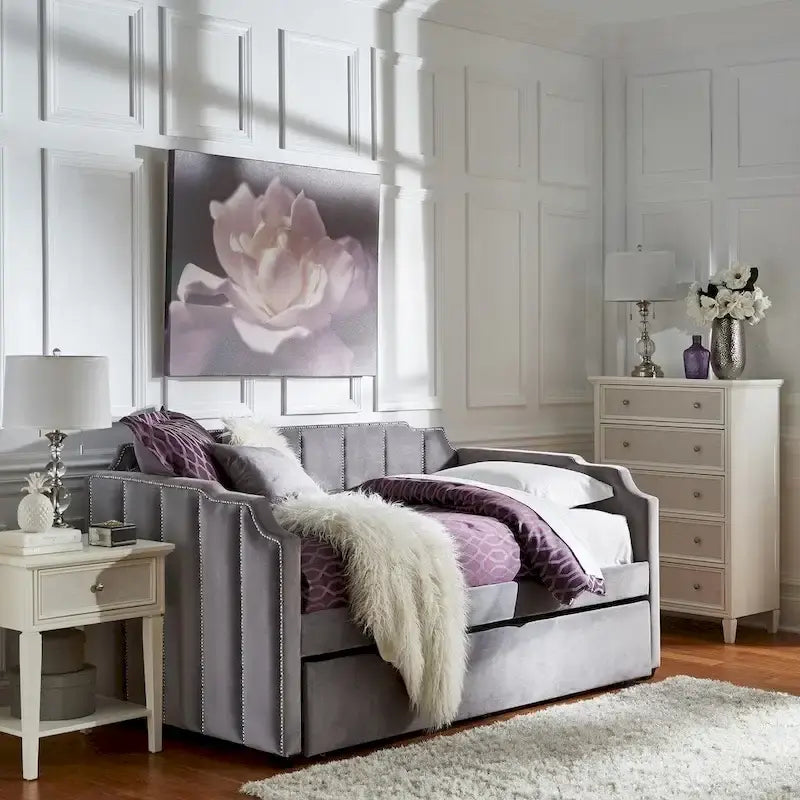 Lit de repos capitonné en velours gris avec lit gigogne – Jumeau, 1 à 2 couchages