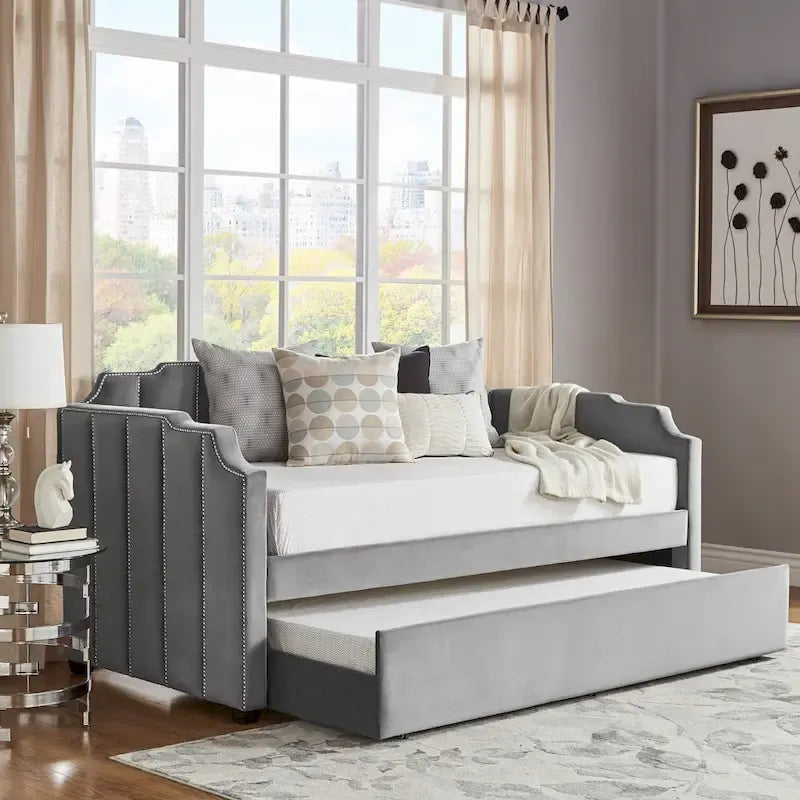 Lit de repos capitonné en velours gris avec lit gigogne – Jumeau, 1 à 2 couchages