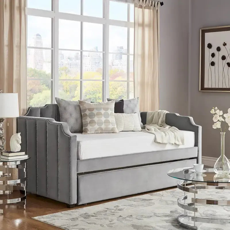 Lit de repos capitonné en velours gris avec lit gigogne – Jumeau, 1 à 2 couchages