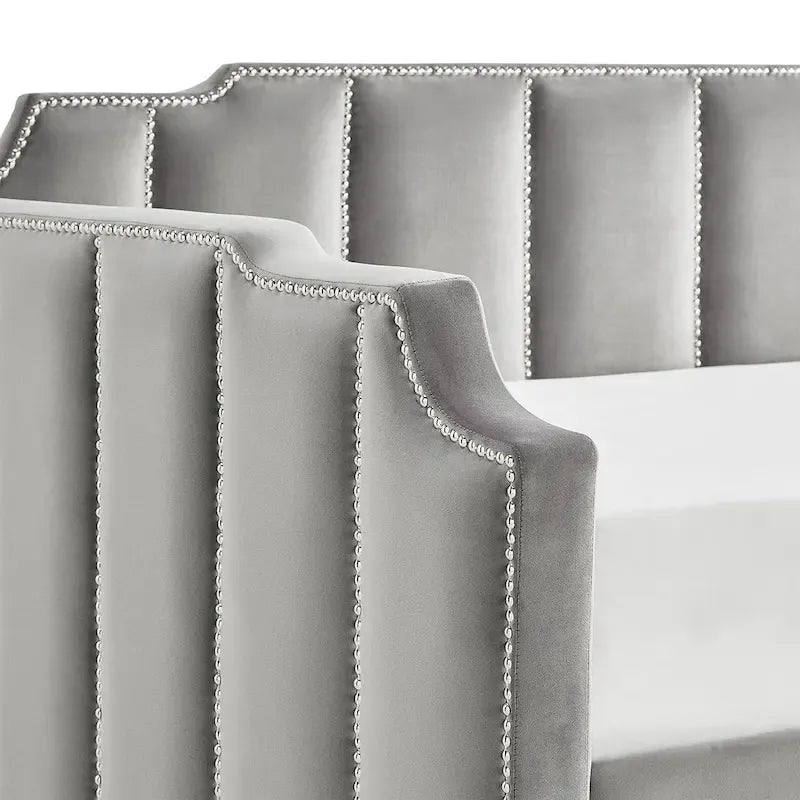 Lit de repos capitonné en velours gris avec lit gigogne – Jumeau, 1 à 2 couchages
