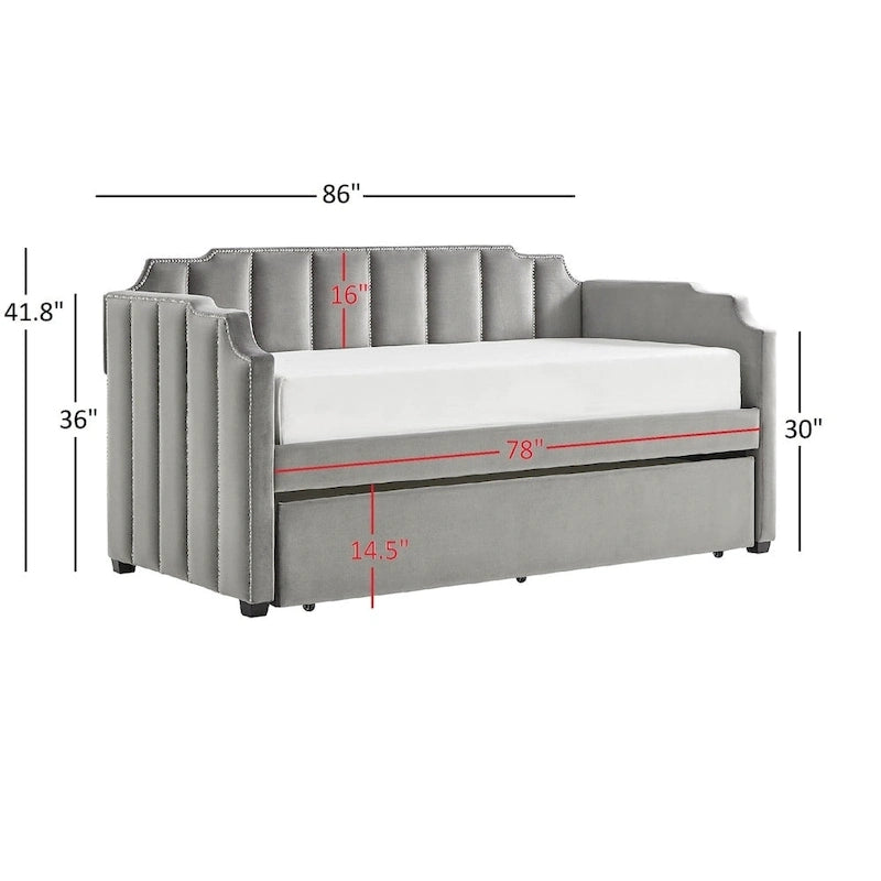 Lit de repos capitonné en velours gris avec lit gigogne – Jumeau, 1 à 2 couchages