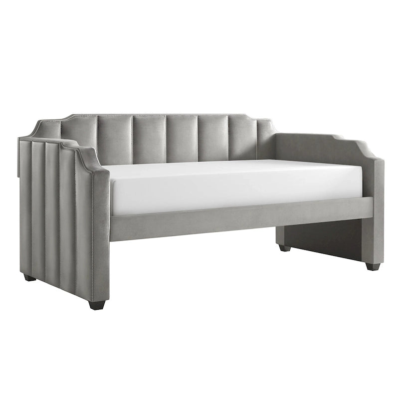 Lit de repos capitonné en velours gris avec lit gigogne – Jumeau, 1 à 2 couchages