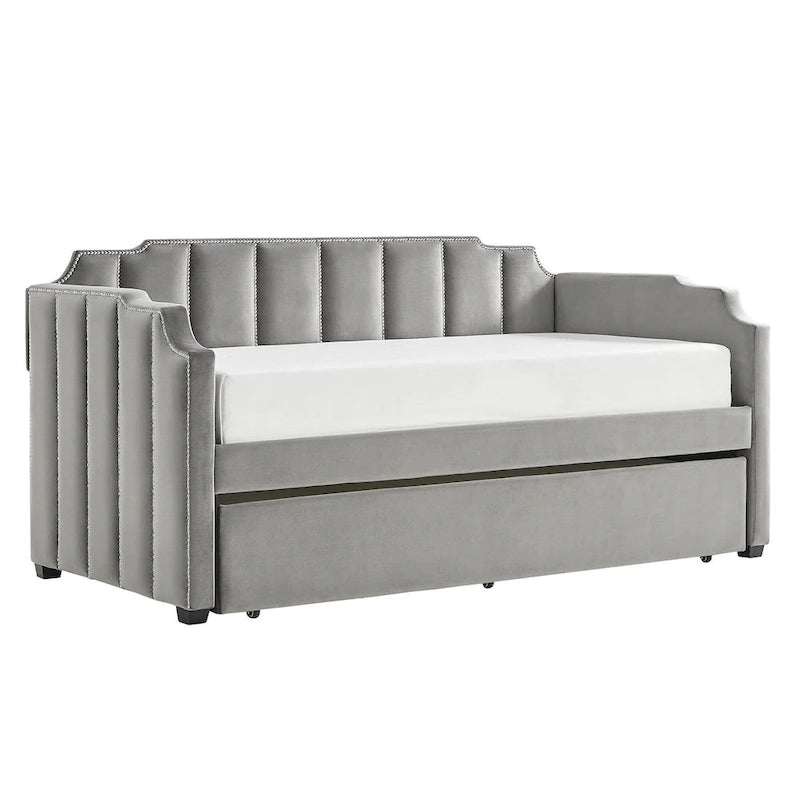 Lit de repos capitonné en velours gris avec lit gigogne – Jumeau, 1 à 2 couchages