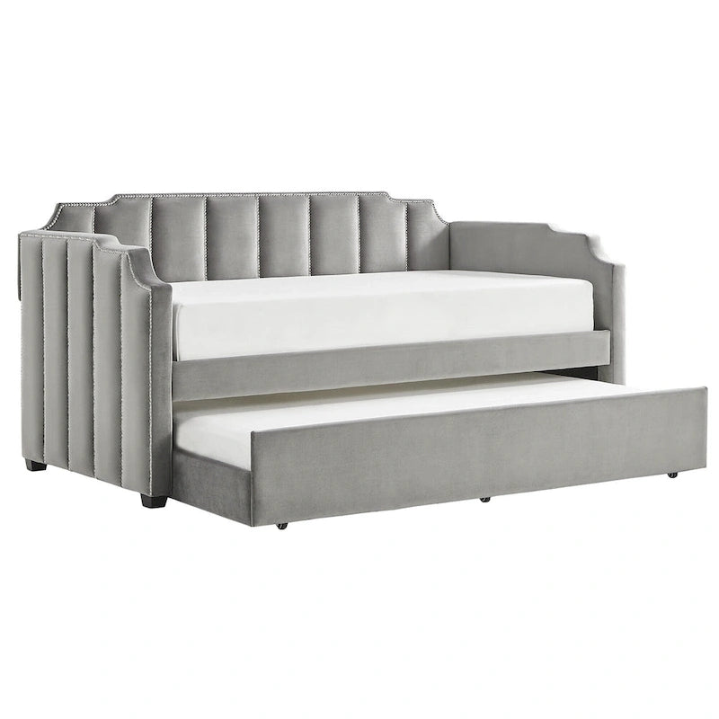 Lit de repos capitonné en velours gris avec lit gigogne – Jumeau, 1 à 2 couchages