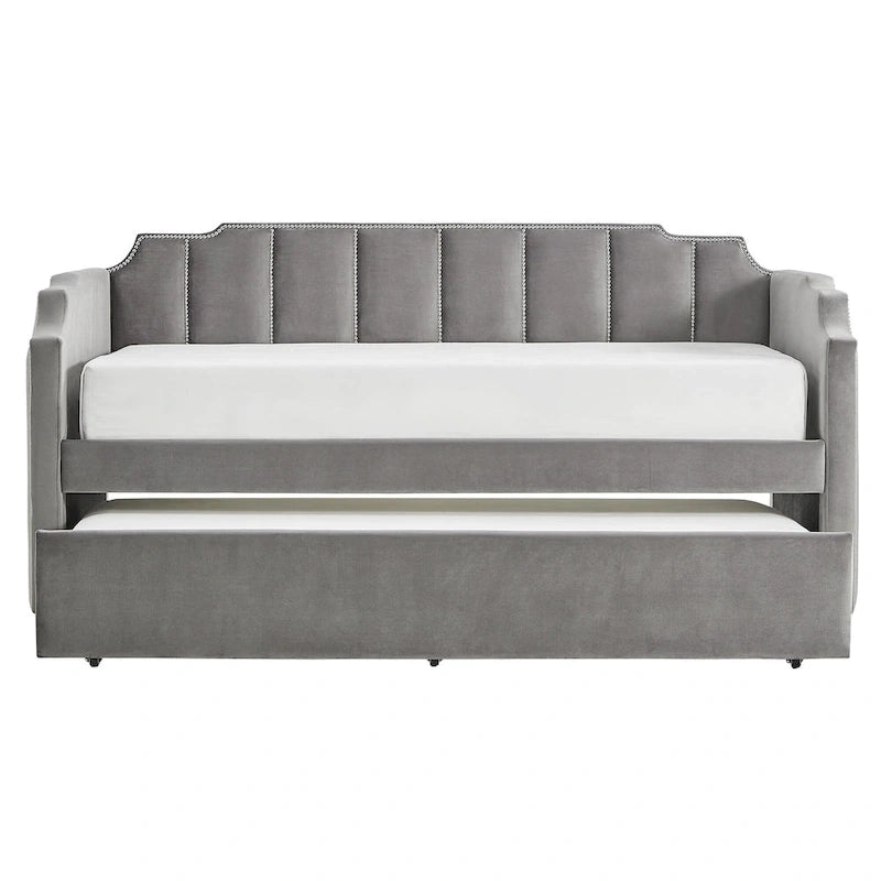 Lit de repos capitonné en velours gris avec lit gigogne – Jumeau, 1 à 2 couchages