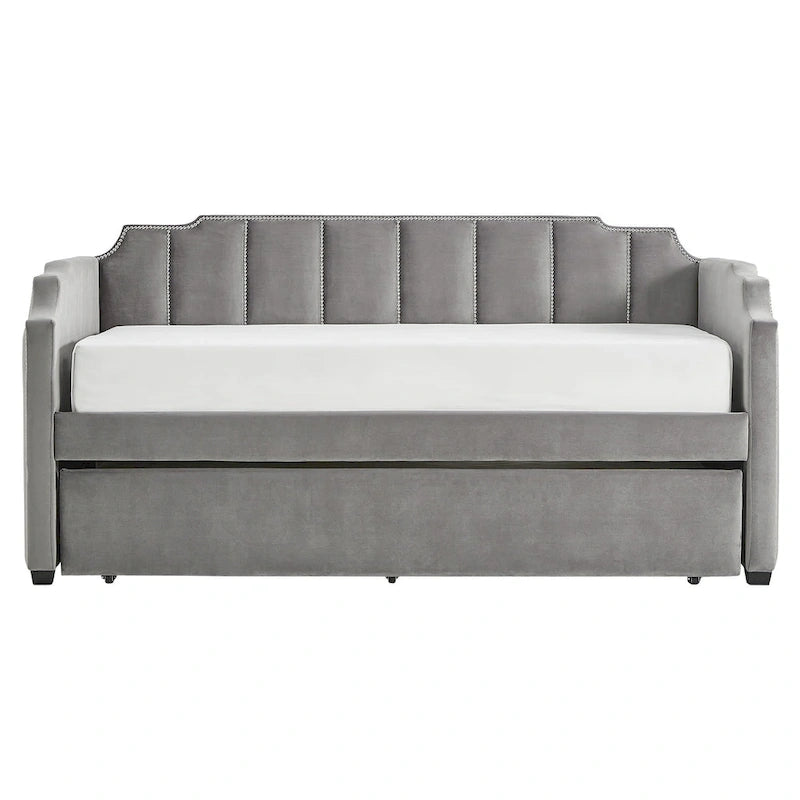 Lit de repos capitonné en velours gris avec lit gigogne – Jumeau, 1 à 2 couchages
