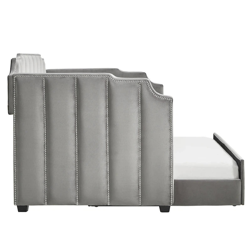 Lit de repos capitonné en velours gris avec lit gigogne – Jumeau, 1 à 2 couchages