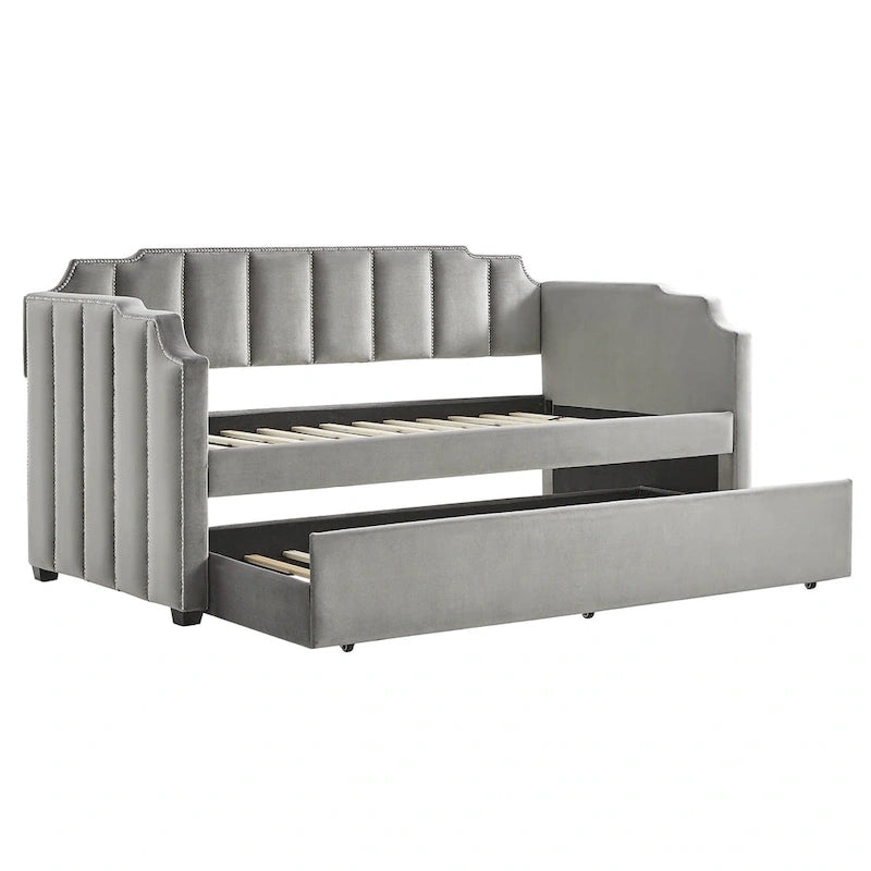 Lit de repos capitonné en velours gris avec lit gigogne – Jumeau, 1 à 2 couchages