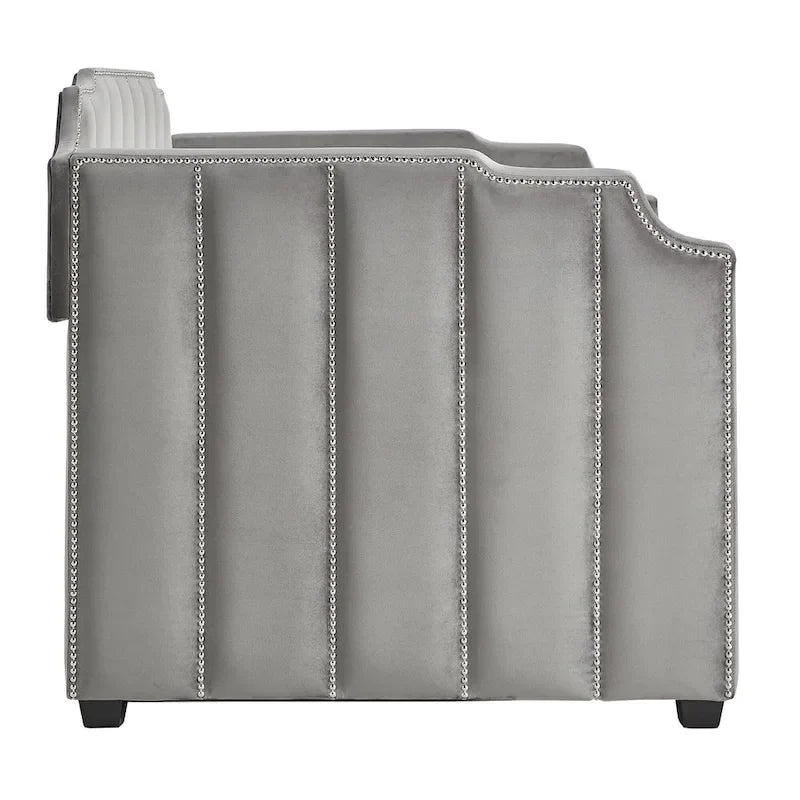 Lit de repos capitonné en velours gris avec lit gigogne – Jumeau, 1 à 2 couchages