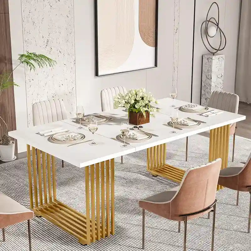 Table à manger rectangulaire blanche et dorée, style moderne, 6 à 8 places