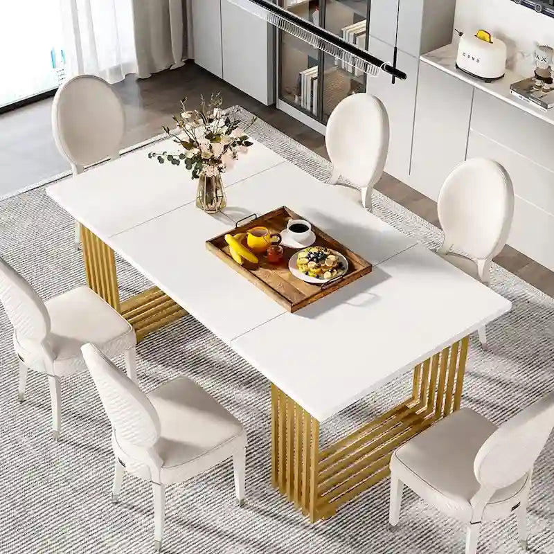 Table à manger rectangulaire blanche et dorée, style moderne, 6 à 8 places