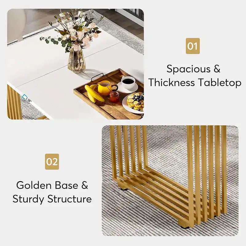 Table à manger rectangulaire blanche et dorée, style moderne, 6 à 8 places